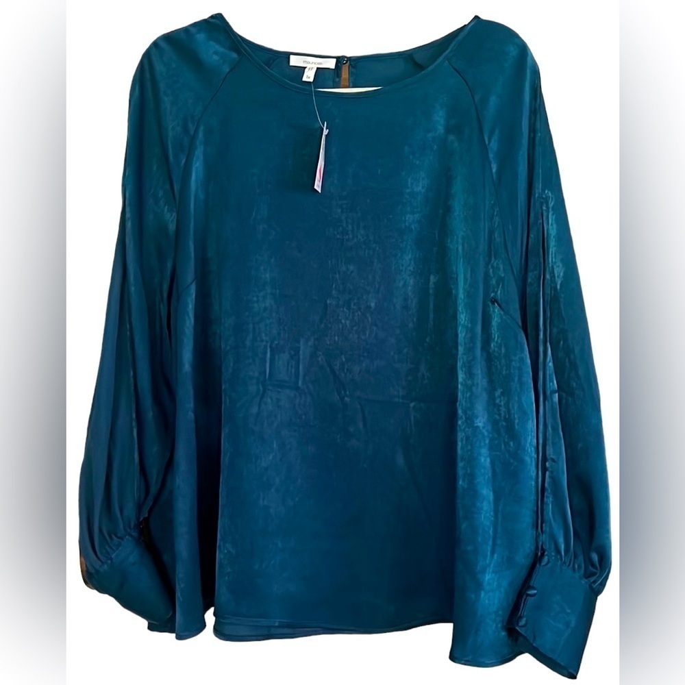 MAURICES Tidal Teal Color Fallon Satin Long Open Sleeve Blouse, Size 1X, NWT.